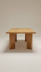 A high-end teak wood dining table, shadowless lighting reveals the table's sleek design and luxury materials. A subtle...
