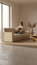 Modular taupe oak sofa in use