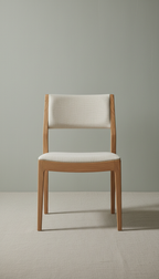 Oak timber dining chair, Hero products at a clean 3/4 angle on matte neutral surfaces (Bone White or Natural Linen),...
