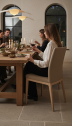 Ash hardwood dining chair with linea silhouette in use
