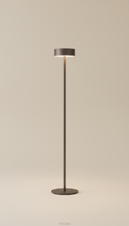 Minimalist smoked bronze floor lamp, 3/4 angle as default for product portraits—captures dimensionality and material...