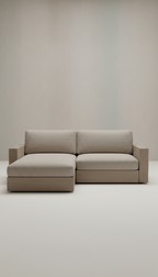 Modular taupe oak sofa, folded throw or book) for scale and warmth. Backgrounds remain unobtrusive but textured—e.g.,...