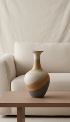 Handcrafted ceramic vase, perfectly centered horizontally and vertically with equal negative space above and below, color...