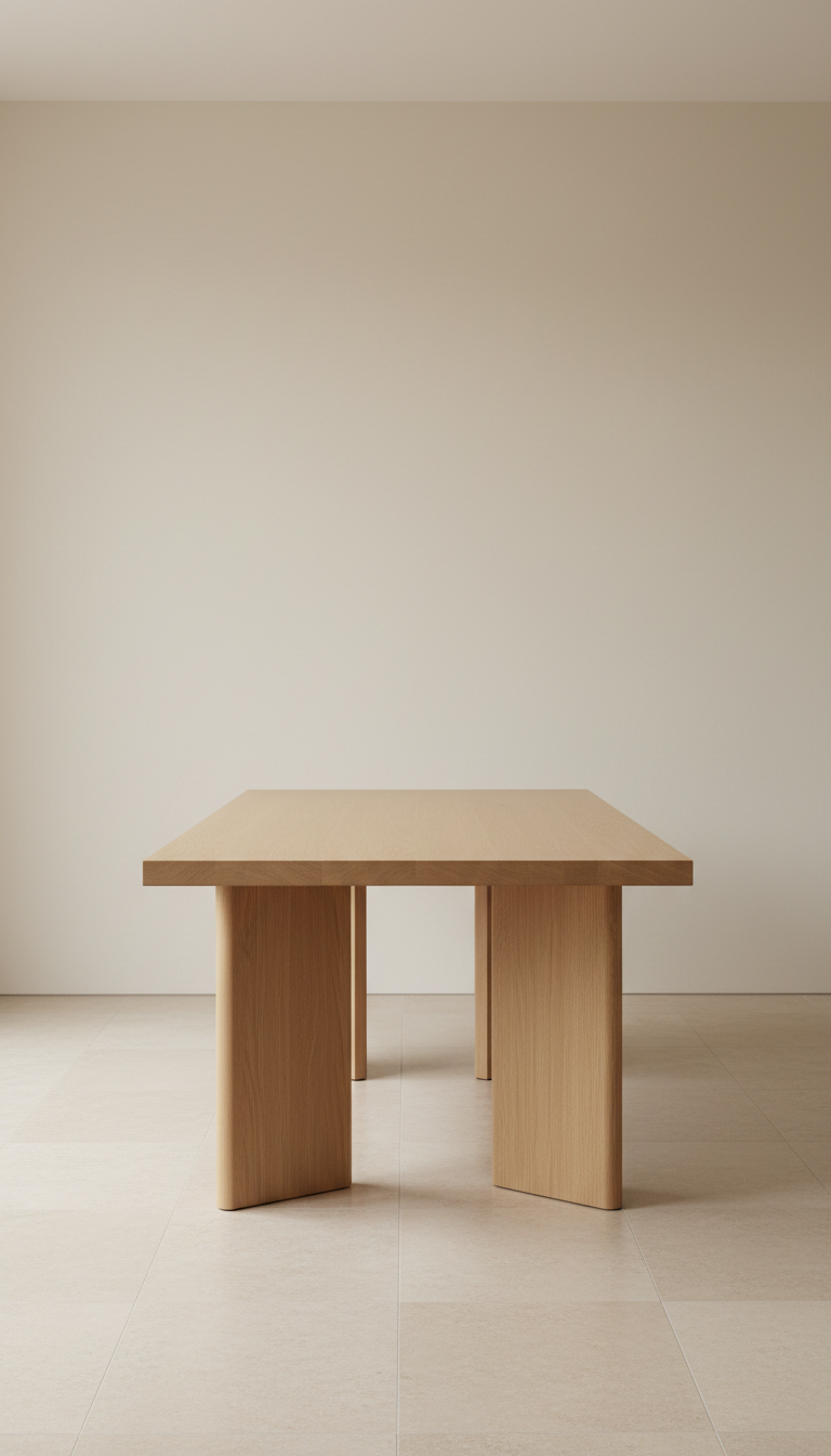 Architectural oak dining table, Default angle: straight-on or gentle 3/4 view that captures both room volume and key...